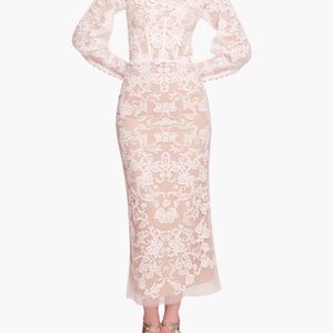Marchesa Notte Lace Midi Dress with White Floral Appliqué